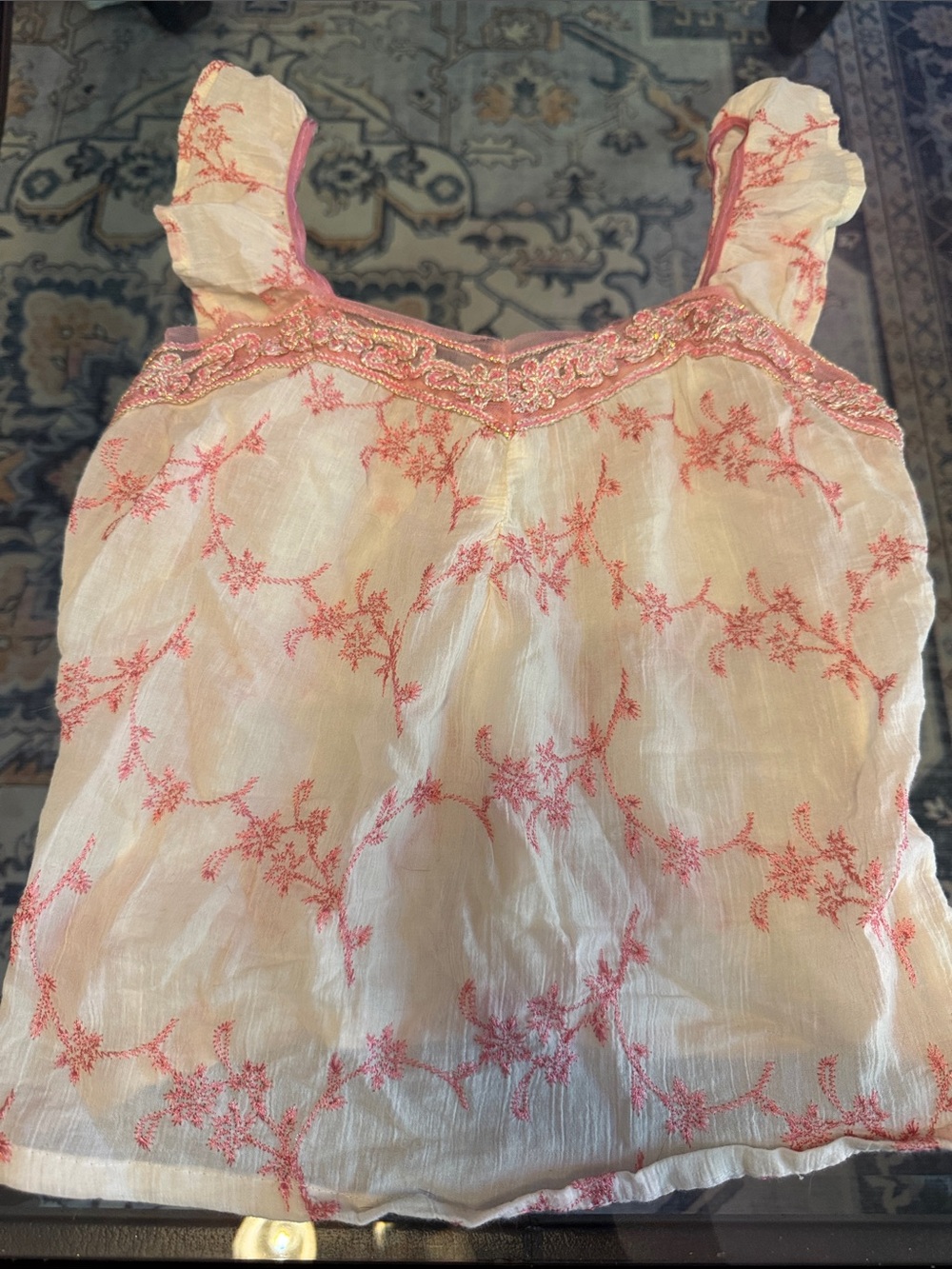 Women’s Cream Sleeveless Embroidered Tank Top with Pink Detail